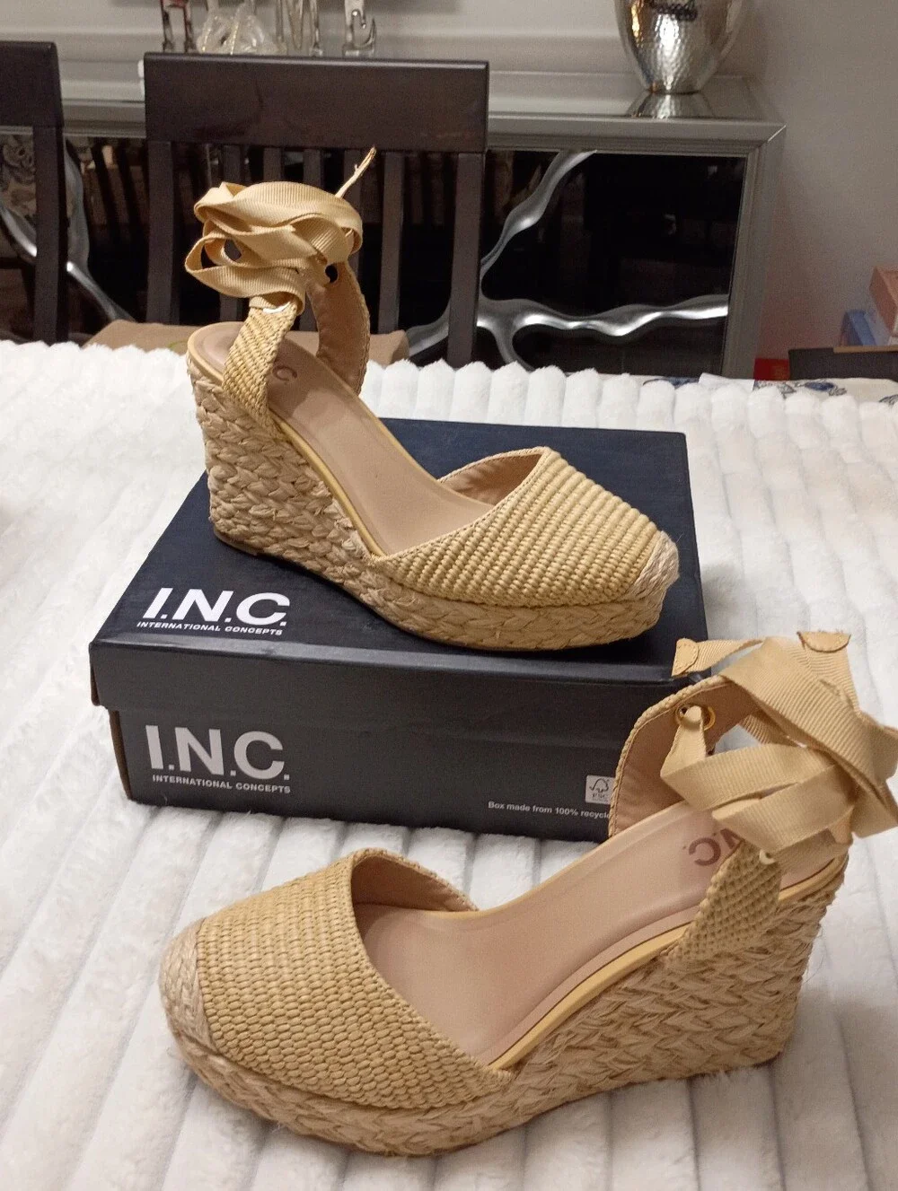 INC International Concepts Tan Woven Espadrille Wedge Sandals with Ankle Ribbon